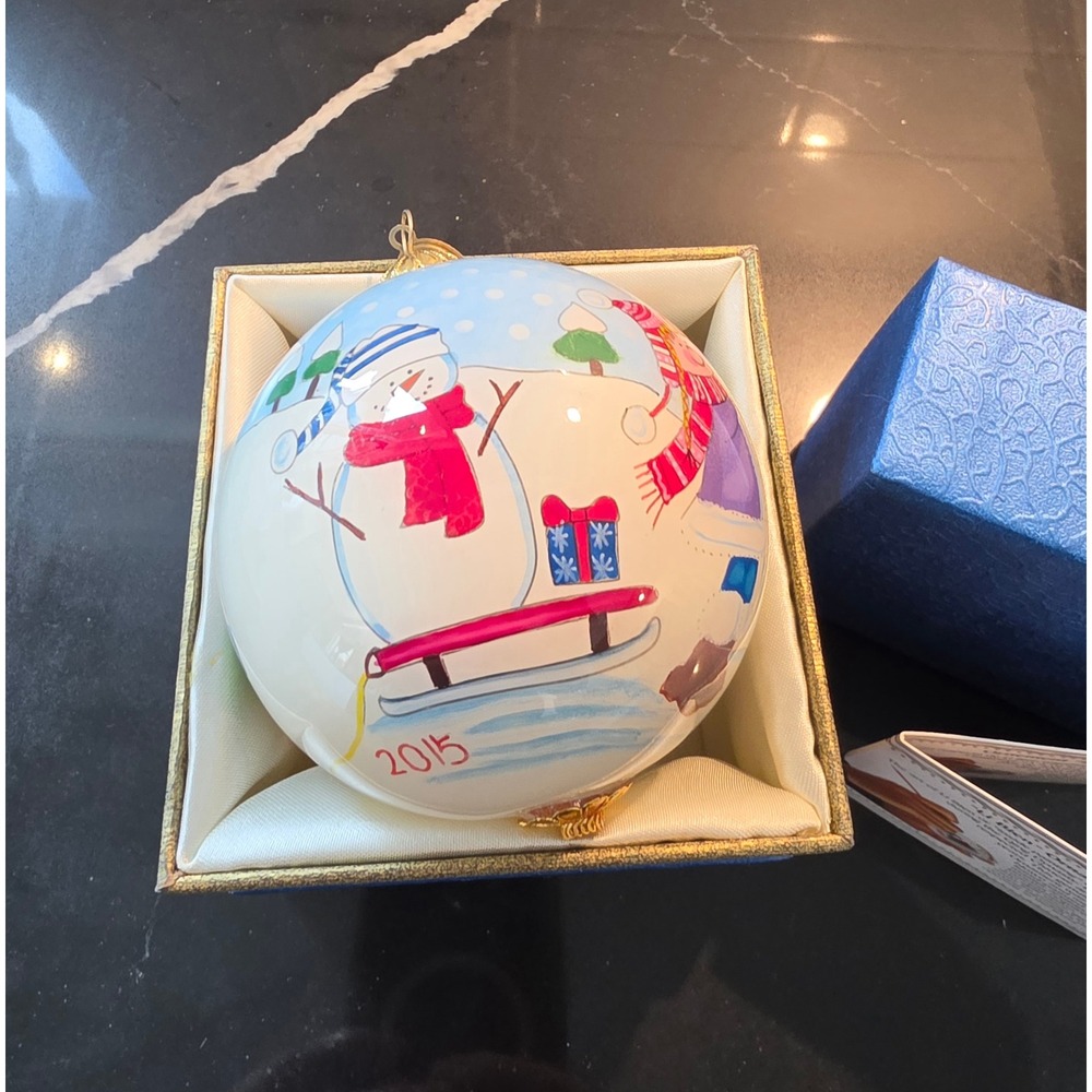 Pier 1 Li Bien 2015 Snowman and Kids Hand Painted Glass Christmas Ornament Box